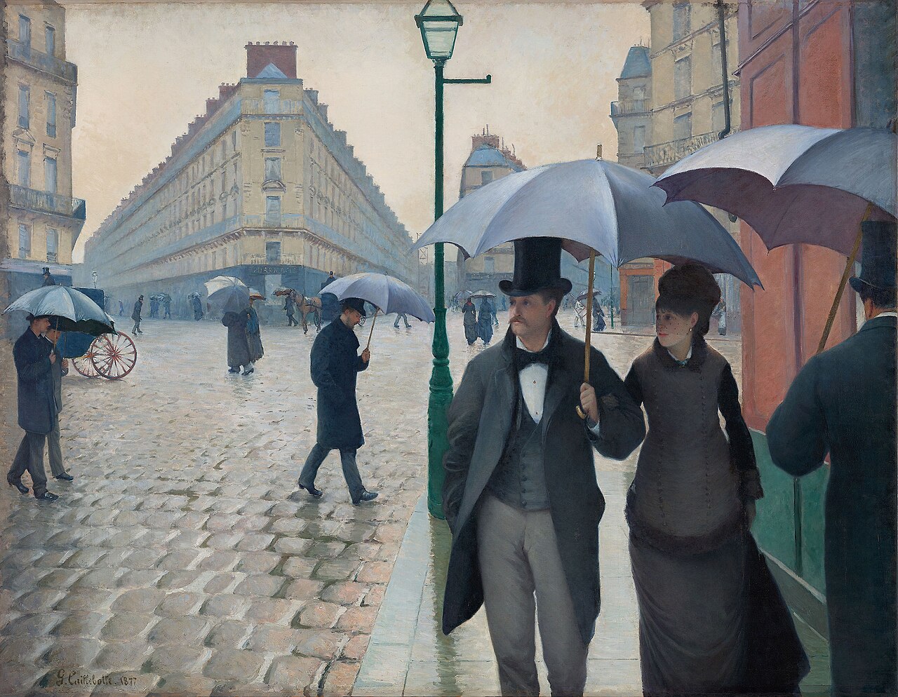Gustave Caillebotte’s Paris Street; Rainy Day, showing people with umbrellas at a broad Paris intersection